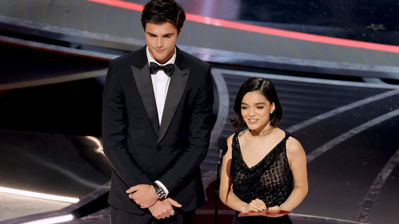 Jacob Elordi presents an award with Rachel Zegler