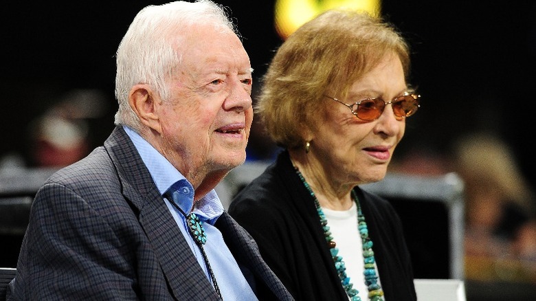 Jimmy Carter and Rosalynn Carter attend the Falcons v Bengals game in 2018