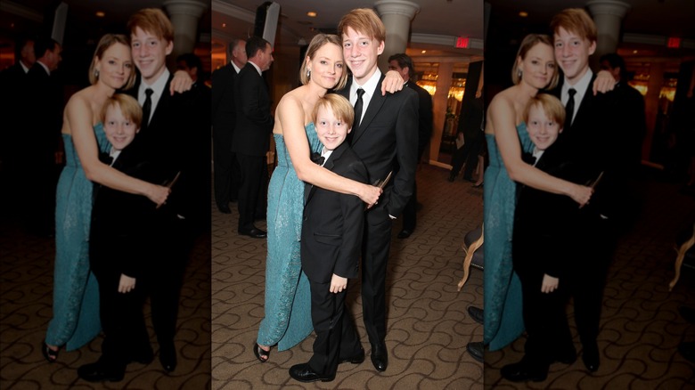 Jodie Foster hugging her sons, Christopher and Charlie