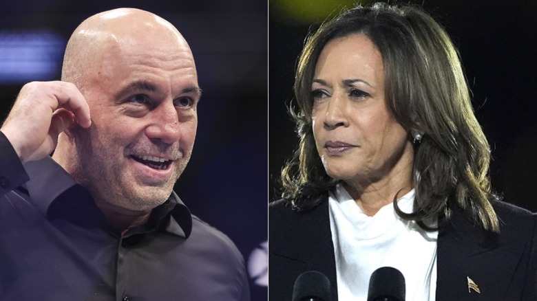 Split image of Joe Rogan and Kamala Harris close-ups