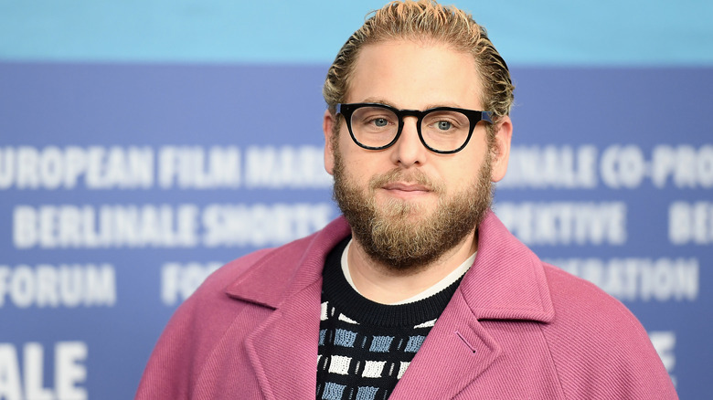 Jonah Hill wears pink trench coat