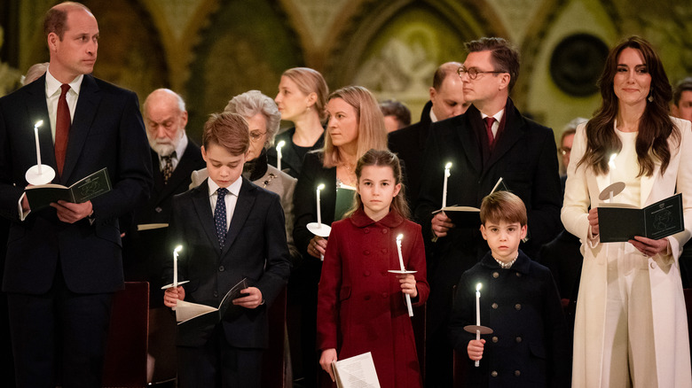 Prince William, Prince George, Princess Charlotte, Prince Louis, Kate Middleton stand in church