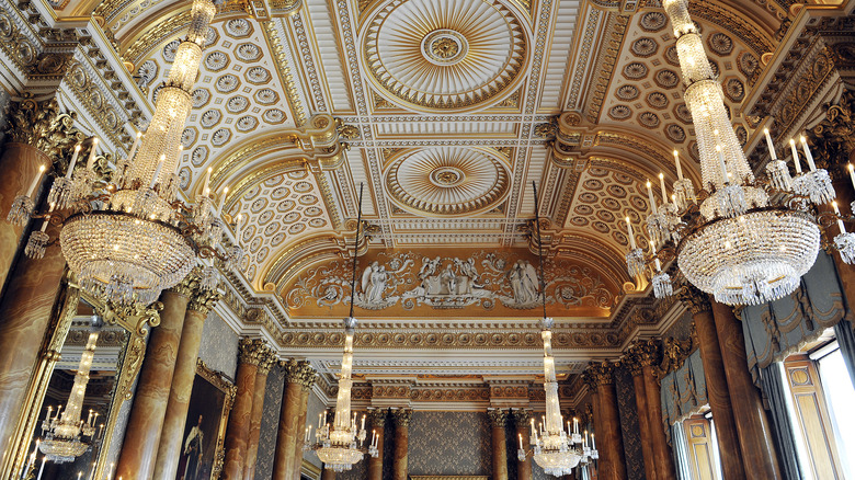 Buckingham Palace's ornate ceiling