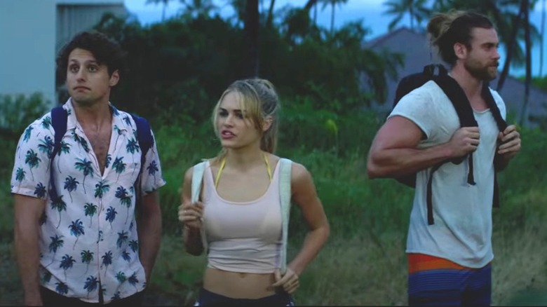 Still of Michelle Randolph in pink crop top with costars Brock O'Hurn and Michael Vlamis in "The Resort" (2021)