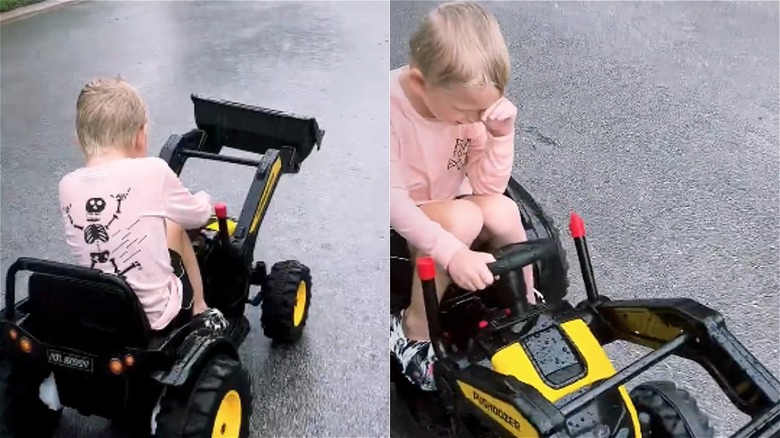 Eric Trump Jr. riding bulldozer in the rain, crying