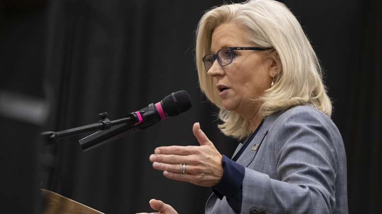 Liz Cheney speaking at a podium