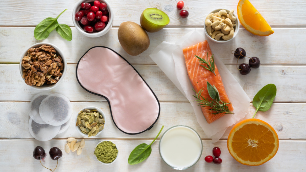 Food items and a sleep mask