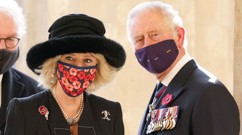 King Charles and Queen Camilla wearing poppies