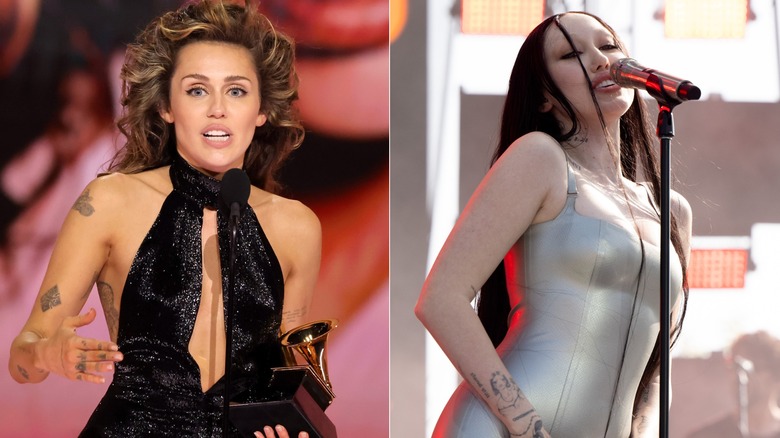 Miley Cryus accepting award at the 2024 Grammy Awards; Noah Cyrus performing at the 2024 Outloud Music Festival