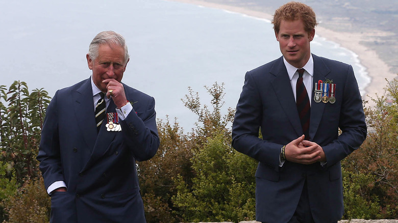 King Charles and Prince Harry looking serious