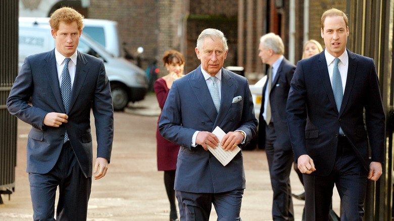 Prince Harry, King Charles and Prince William walking