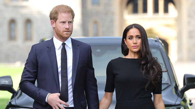 Meghan Markle and Prince Harry walking to meet mourners at Windsor Castle