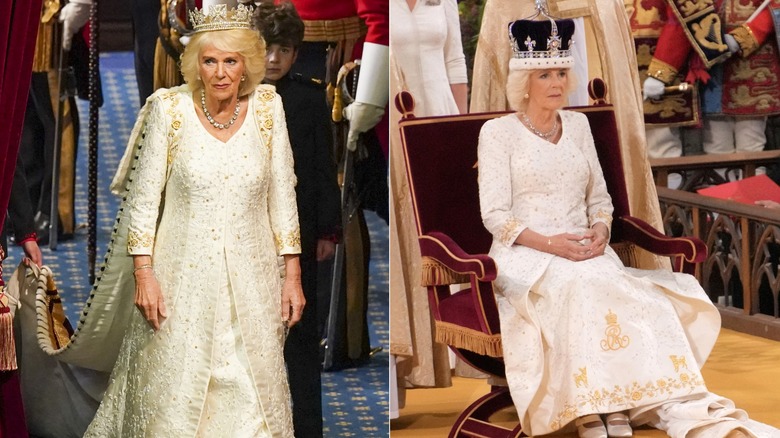 Left: Queen Camilla at State Opening of Parliament, Right: Queen Camilla at King Charles III coronation