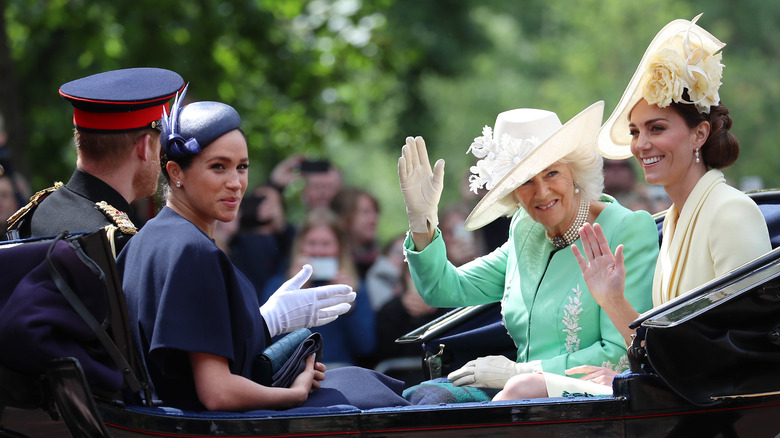 Prince Harry, Meghan Markle, Queen Camilla, and Kate Middleton in carriage