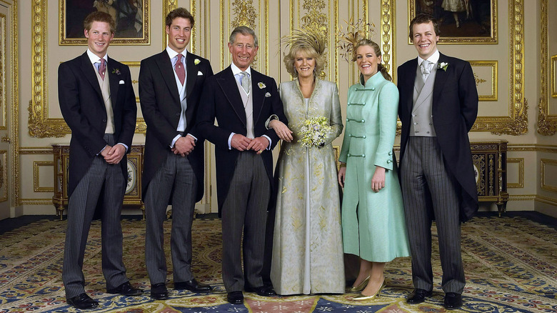 Princes William and Harry, King Charles, Queen Camilla, and Camilla's children at wedding