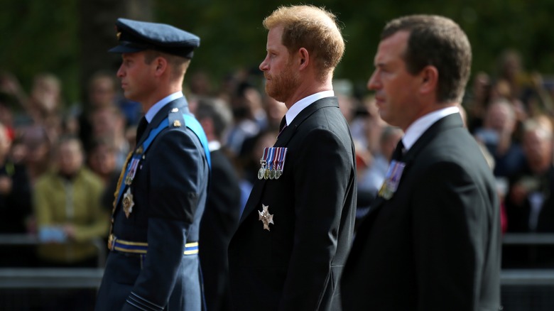 Peter Phillips, William, Prince of Wales and Prince Harry 