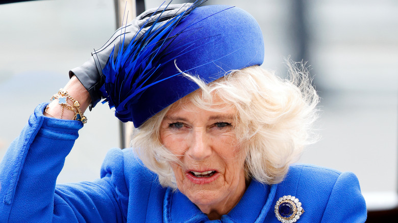 Queen Camilla clutches her hat at Commonwealth Day event