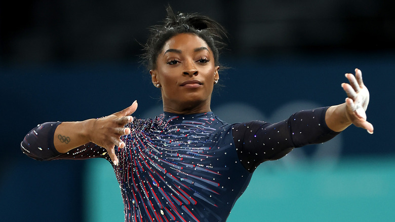 Simone Biles posing at practice in Paris