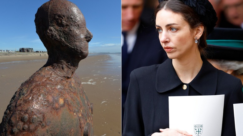 Left: Sir Antony Gormley's statue on Liverpool beach, Right: Rose Hanbury looking to the right