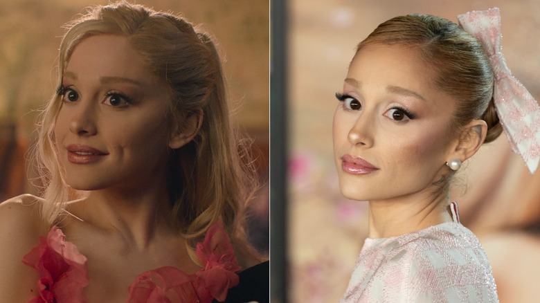 Split image of Ariana Grande as Glinda in "Wicked" movie vs. Ariana Grande posing on step-and-repeat