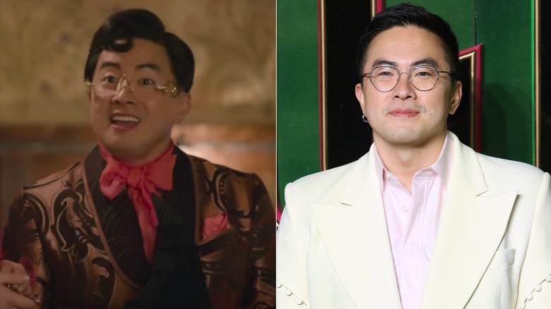 Split image of Bowen Yang in "Wicked" vs. Bowen Yang posing on step-and-repeat