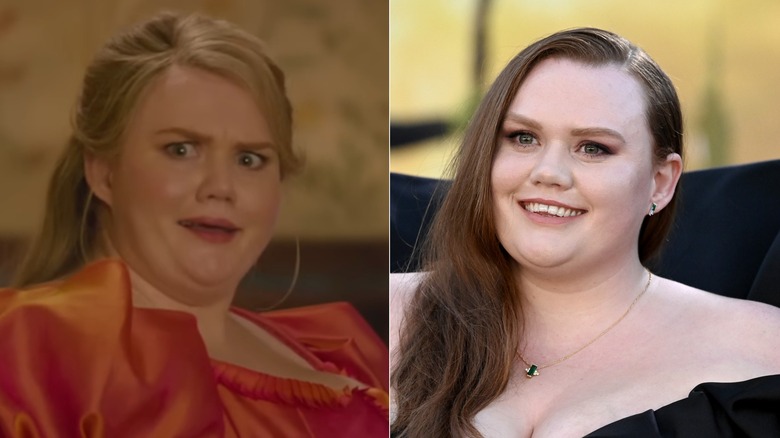 Split image of Bronwyn James in "Wicked" vs. Bronwyn James smiling on step-and-repeat