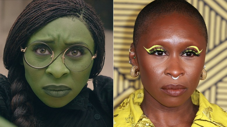 Split image of Cynthia Erivo as Elphaba in "Wicked" vs. Cynthia Erivo posing on step-and-repeat