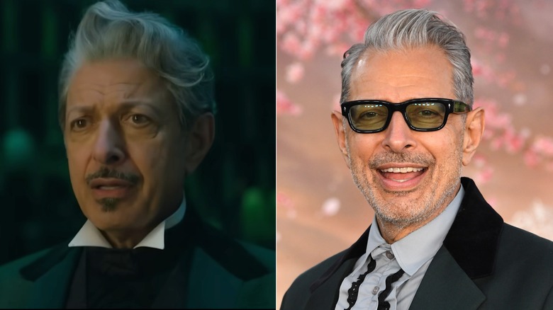 Split image of Jeff Goldblum in "Wicked" vs. Jeff Goldblum smiling on step-and-repeat