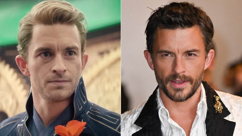 Split image of Jonathan Bailey in "Wicked" vs. Jonathan Bailey posing on step-and-repeat