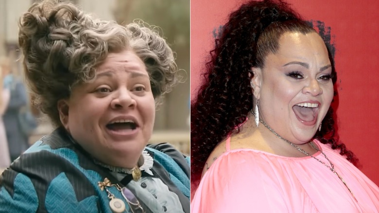 Split image of Keala Settle in "Wicked" vs. Keala Settle smiling on step-and-repeat