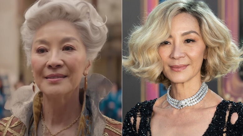 Split image of Michelle Yeoh in "Wicked" vs. Michelle Yeoh posing on step-and-repeat