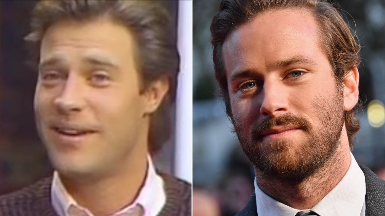 John James during an interview and Armie Hammer attending an event