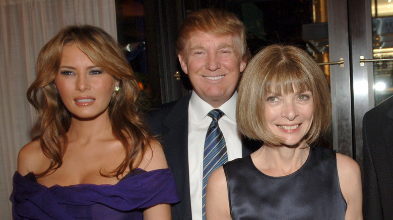 Melania Trump, Donald Trump, and Anna Wintour smiling