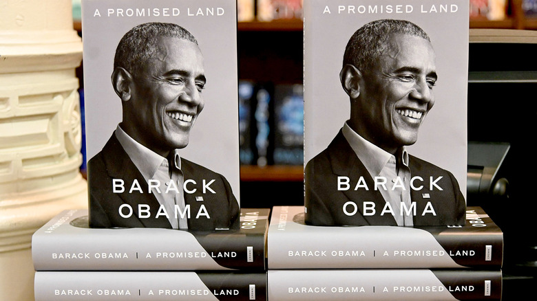 Book stand of Barack Obama's memoir 'A Promised Land' 