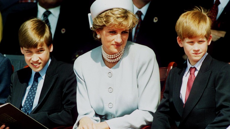 Princess Diana sitting with Prince William and Prince Harry