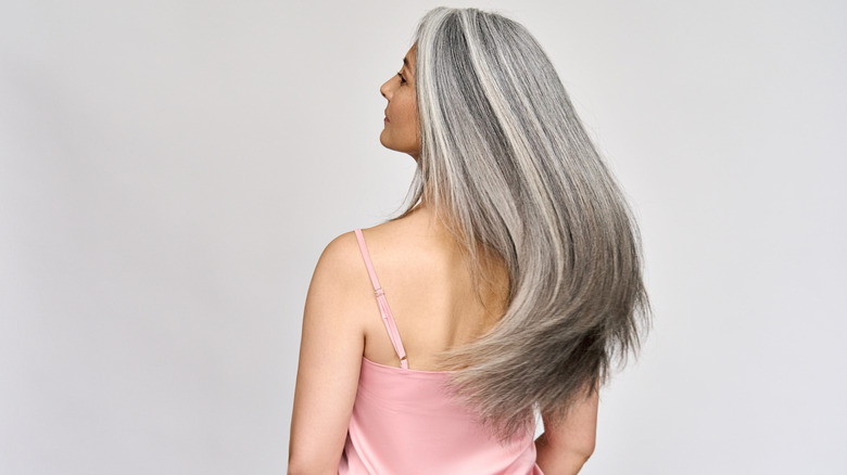 Woman with long grey hair