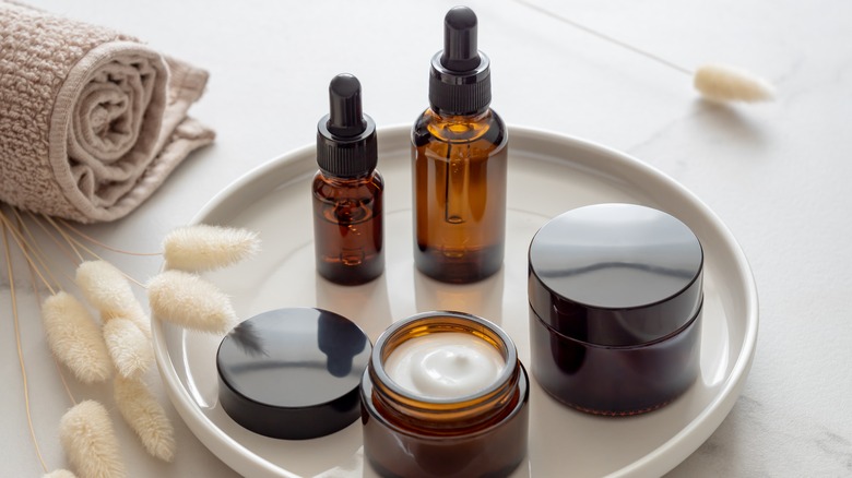 Skincare products on a tray 