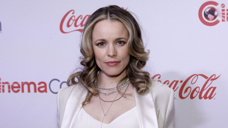 Rachel McAdams in a white blazer with silver jewelry