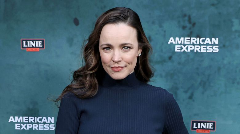 Rachel McAdams in a navy blue turtleneck 