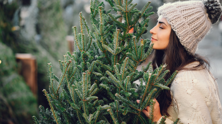 A woman smelling a Christmas tree at a farm 