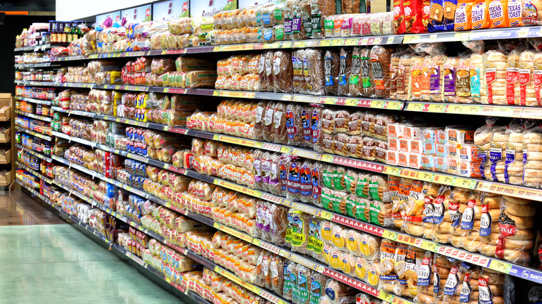 Bread aisle in grocery store