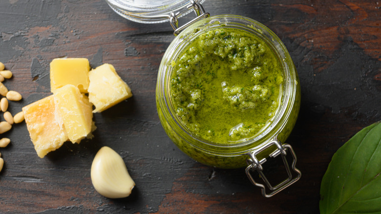 jar of pesto with cheese