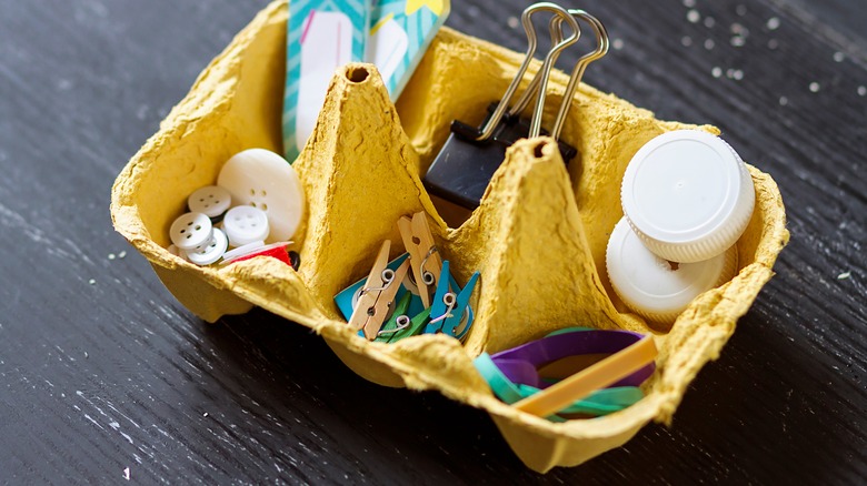 yellow egg crate used to store craft items