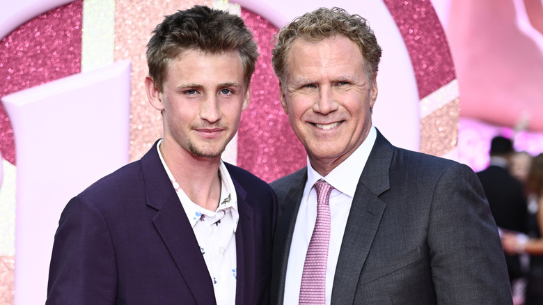 Magnus Ferrell and Will Ferrell posing at the  "Barbie" European Premiere at Cineworld Leicester Square on July 12, 2023 in London, England