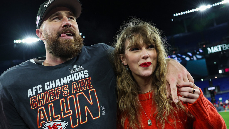 Taylor Swift and Travis Kelce after the Chiefs win the AFC Championship