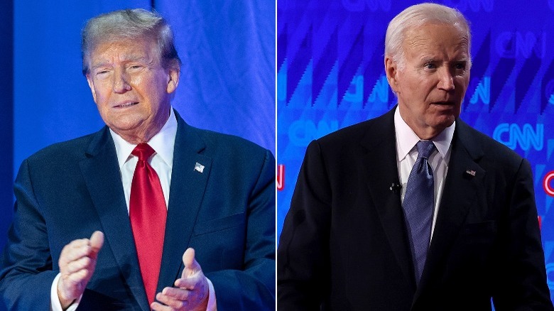 Donald Trumpp (L) and Joe Biden (R) on stage