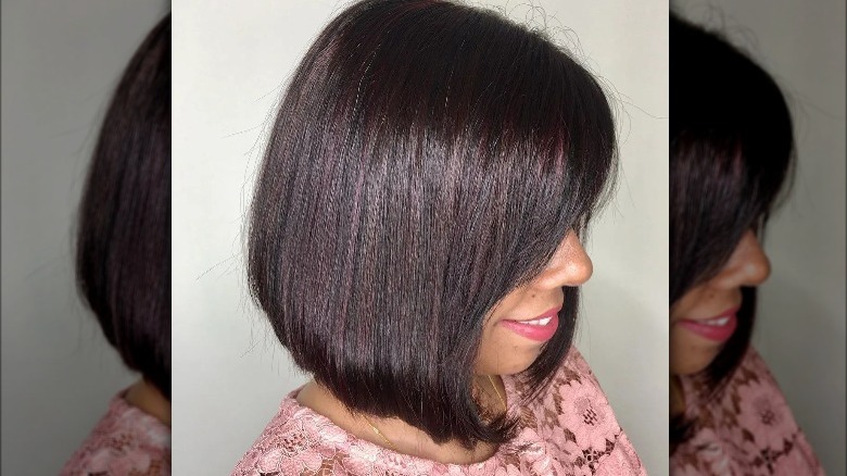 Brown lob with purple highlights