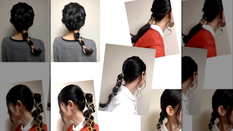 Woman with different ponytails including wire