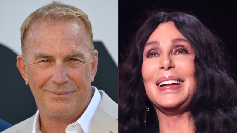 Kevin Costner smiling & Cher smiling with sparkly eyeshadow