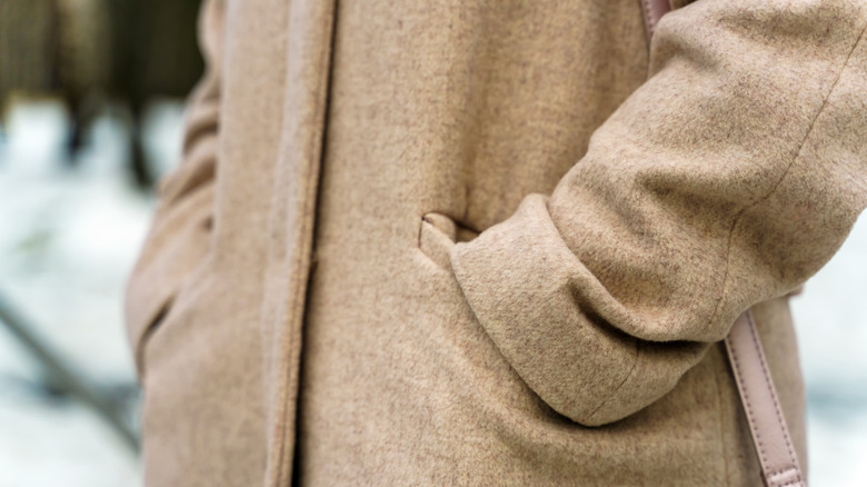 A person's hand in a wool jacket